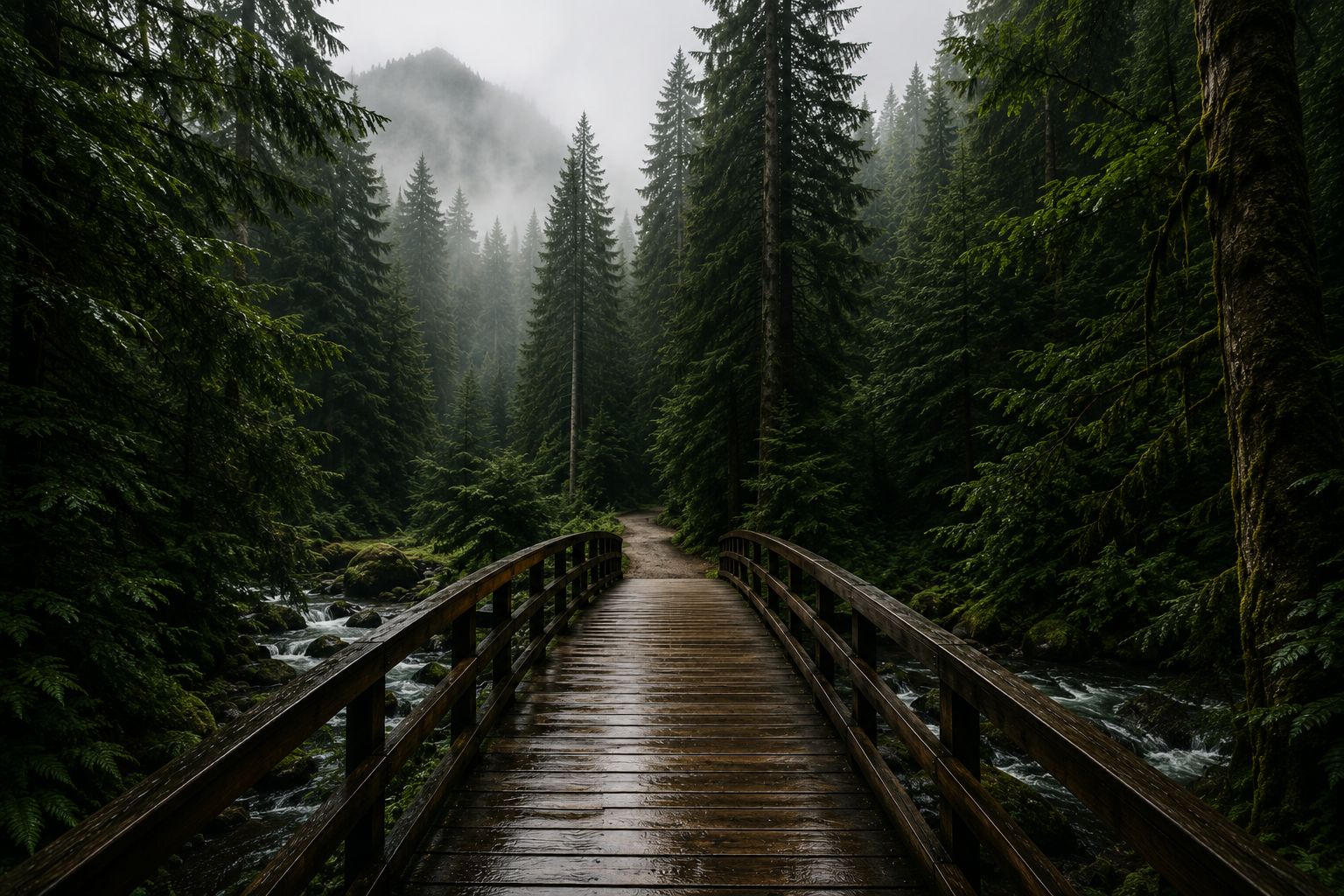 Wooden bridge through a misty forest