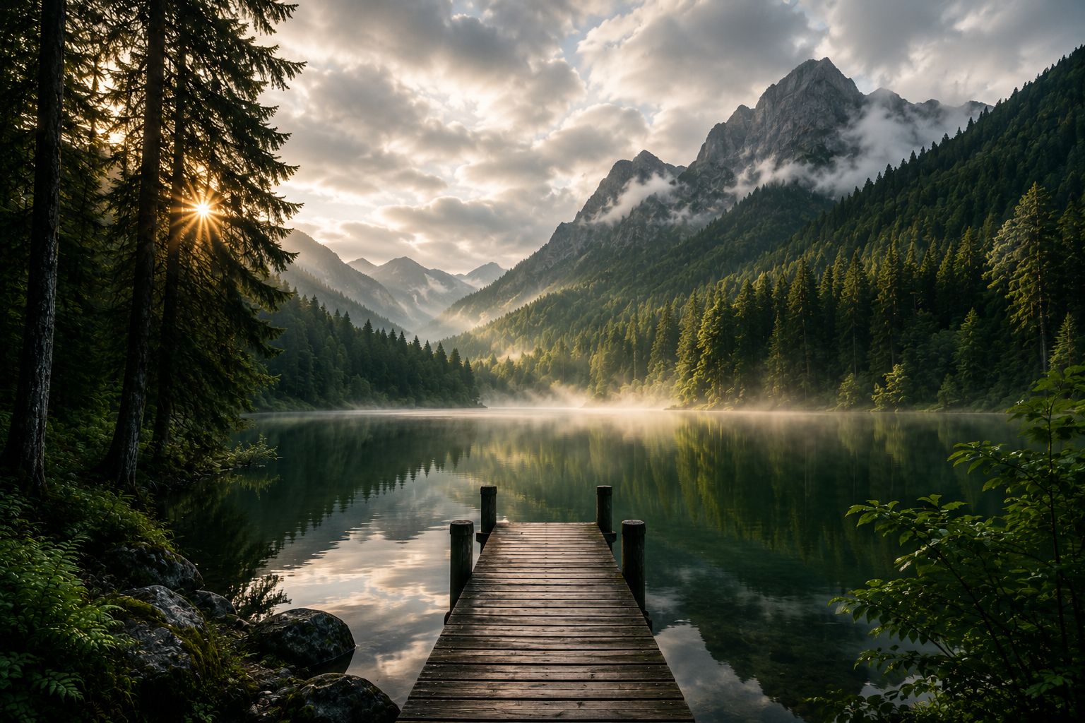 Wooden dock on a calm mountain lake at sunrise